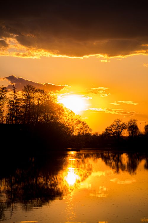 Free Vibrant sunset casting golden hues over a tranquil river with tree silhouettes reflecting in the water. Stock Photo