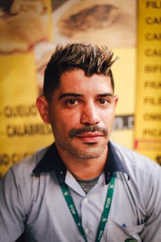 Close-up portrait of a man with brown hair and moustache, looking pensively indoors.