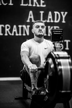 Focused young man on rowing machine during gym workout. Black and white fitness photo.