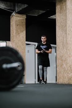 A young man prepares for weightlifting, focusing on his training routine in a modern gym setting.