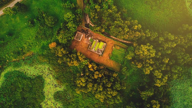 Aerial shot of lush greenery surrounding a rural structure in Banting, Selangor.