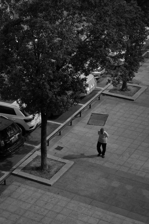 High Angle Shot of a Man Walking on the Sidewalk 