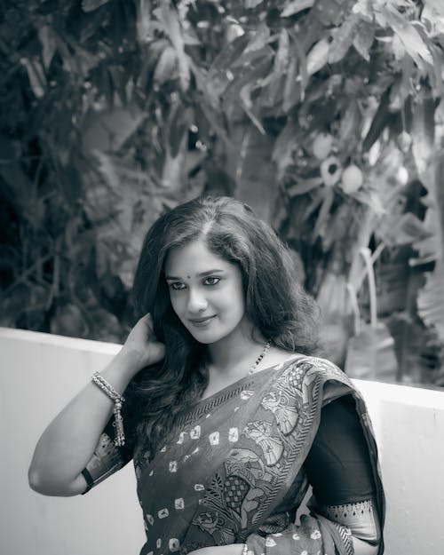 Black and White Portrait of Woman in Sari