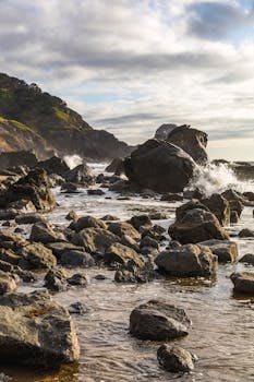 Dramatic rocky coastline with waves crashing and scenic nature views.