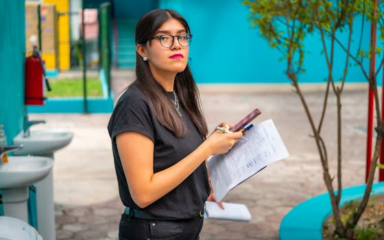 A young woman stands outdoors holding documents and a smartphone, appearing professional and focused.