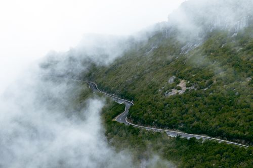 Free Aerial view of a winding road through misty green forests in Santana, Madeira, Portugal. Stock Photo