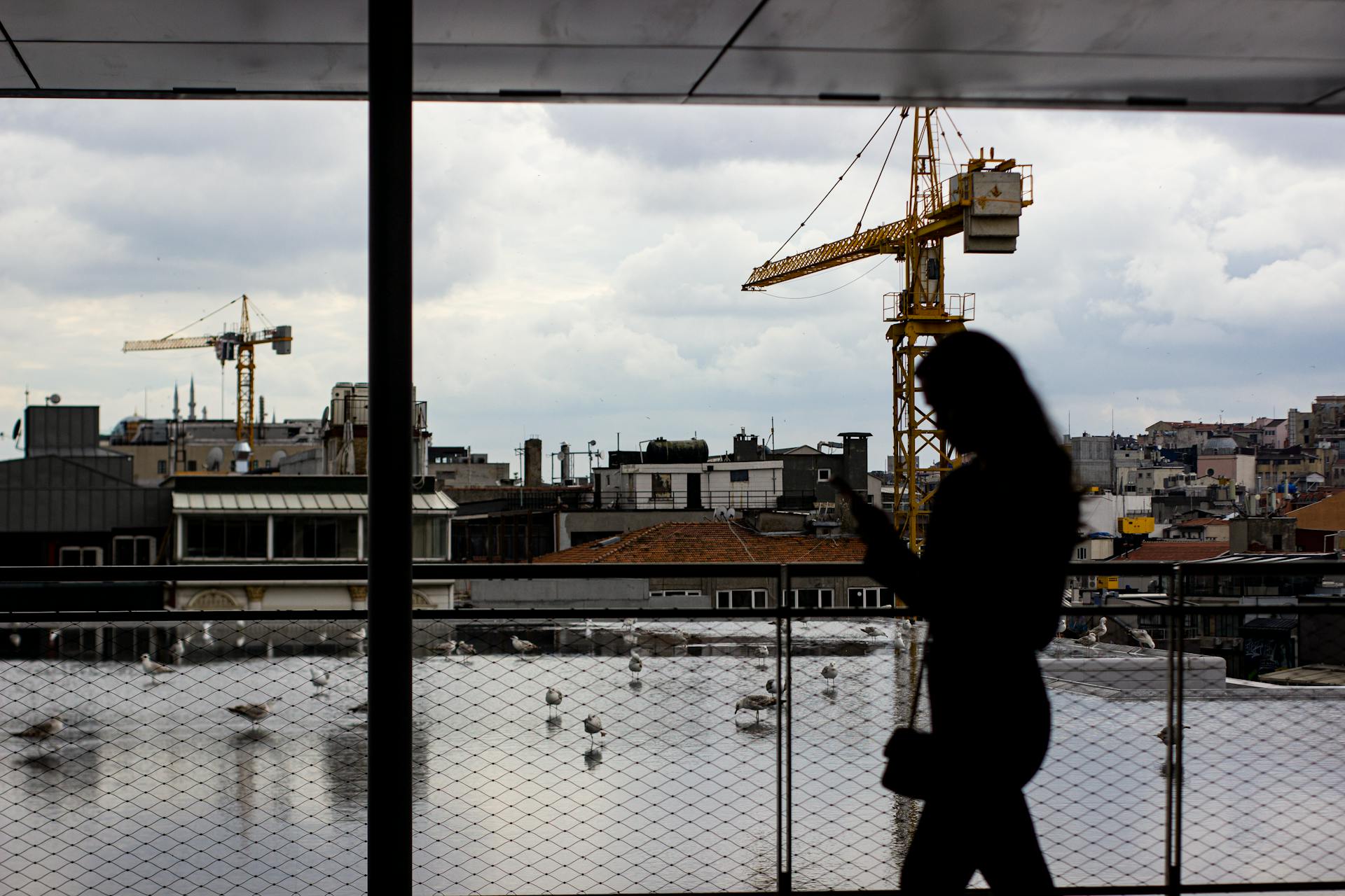 Silhouetted woman on terrace with urban structures and cranes in view.