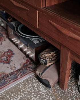 A retro-themed living room featuring classic wooden furniture and a vintage rug.