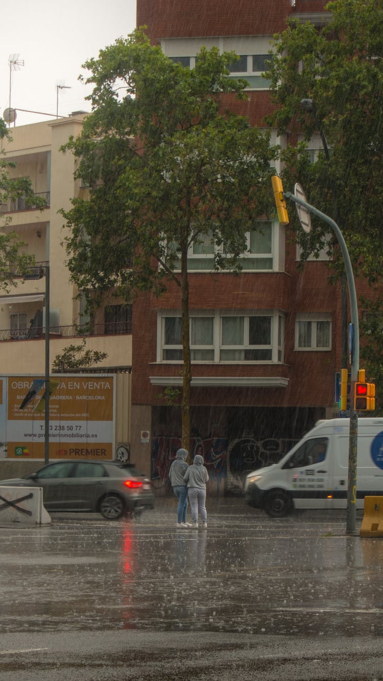 People And Cars On Street In Downpour