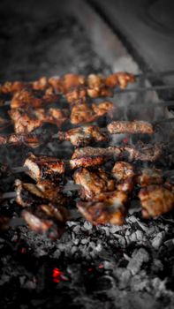 Deliciously grilled meat sizzling on charcoal skewers, perfect for a barbecue feast.