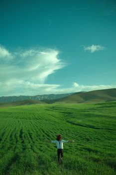 A man with arms outstretched stands in a lush green field under a vibrant blue sky.