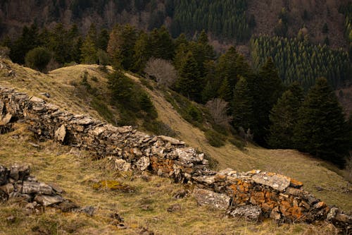 Old Stone Fence Wall on the Mountainside