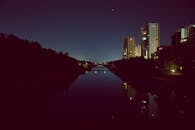 迷人的城市摩天大楼倒映在平静的河流中