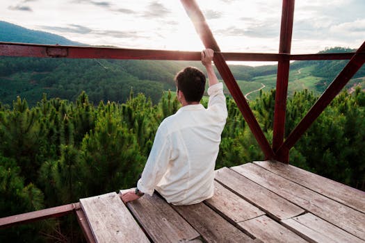 一个人从木制观景台俯瞰郁郁葱葱的森林，享受着宁静的时刻