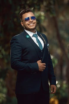 A fashionable man wearing a suit and sunglasses outdoors, exuding confidence.