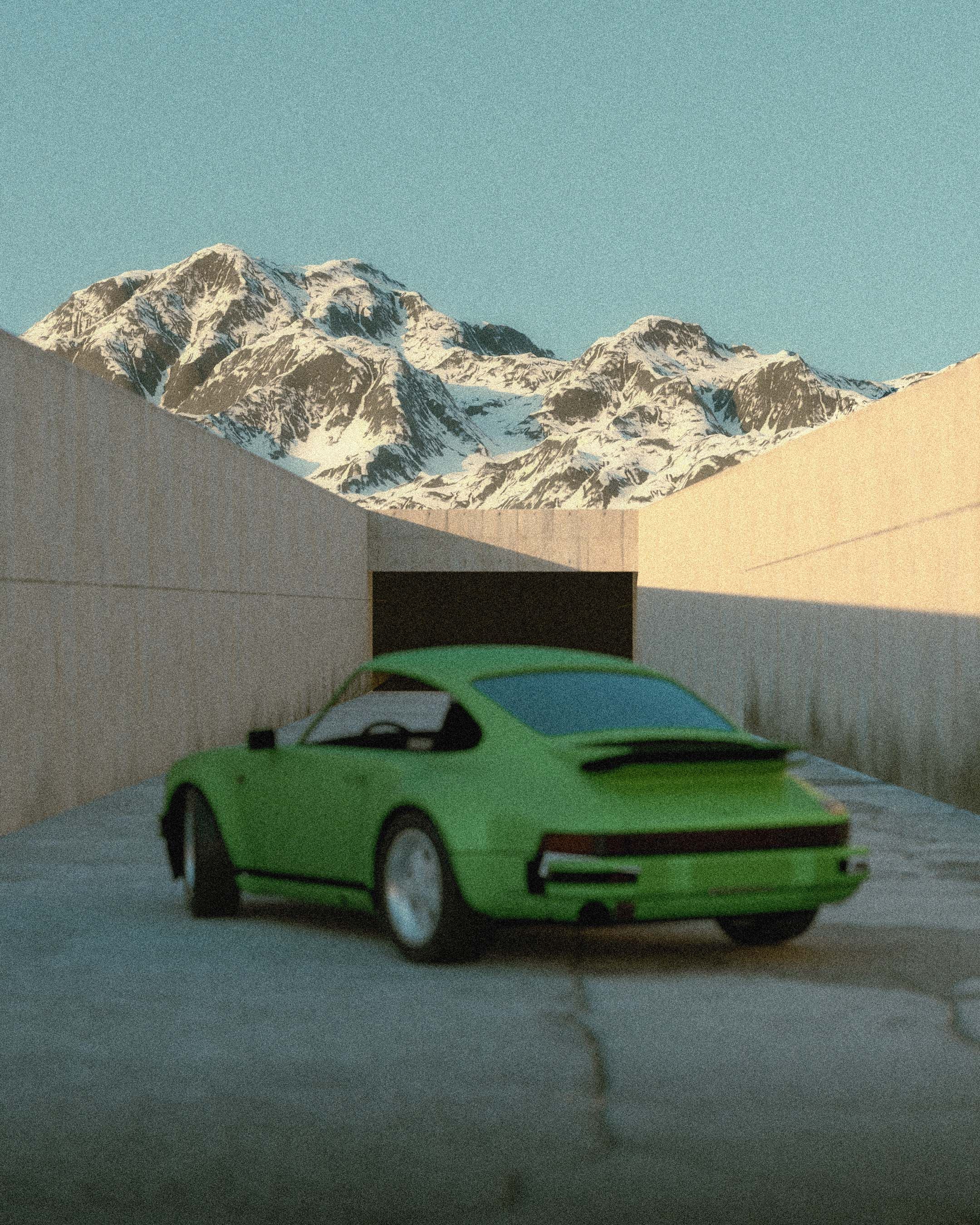 A retro green sportscar on a road with a breathtaking mountain background.