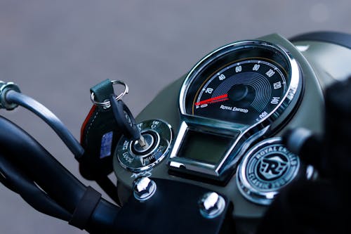 Close-up of the Speedometer of a Royal Enfield Motorcycle