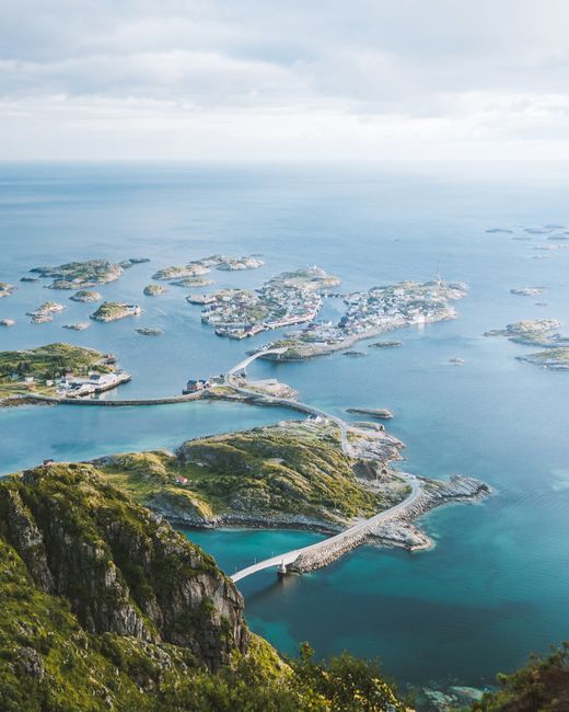 Stunning aerial view of islands and lagoons in Lofoten, Norway on a clear day.