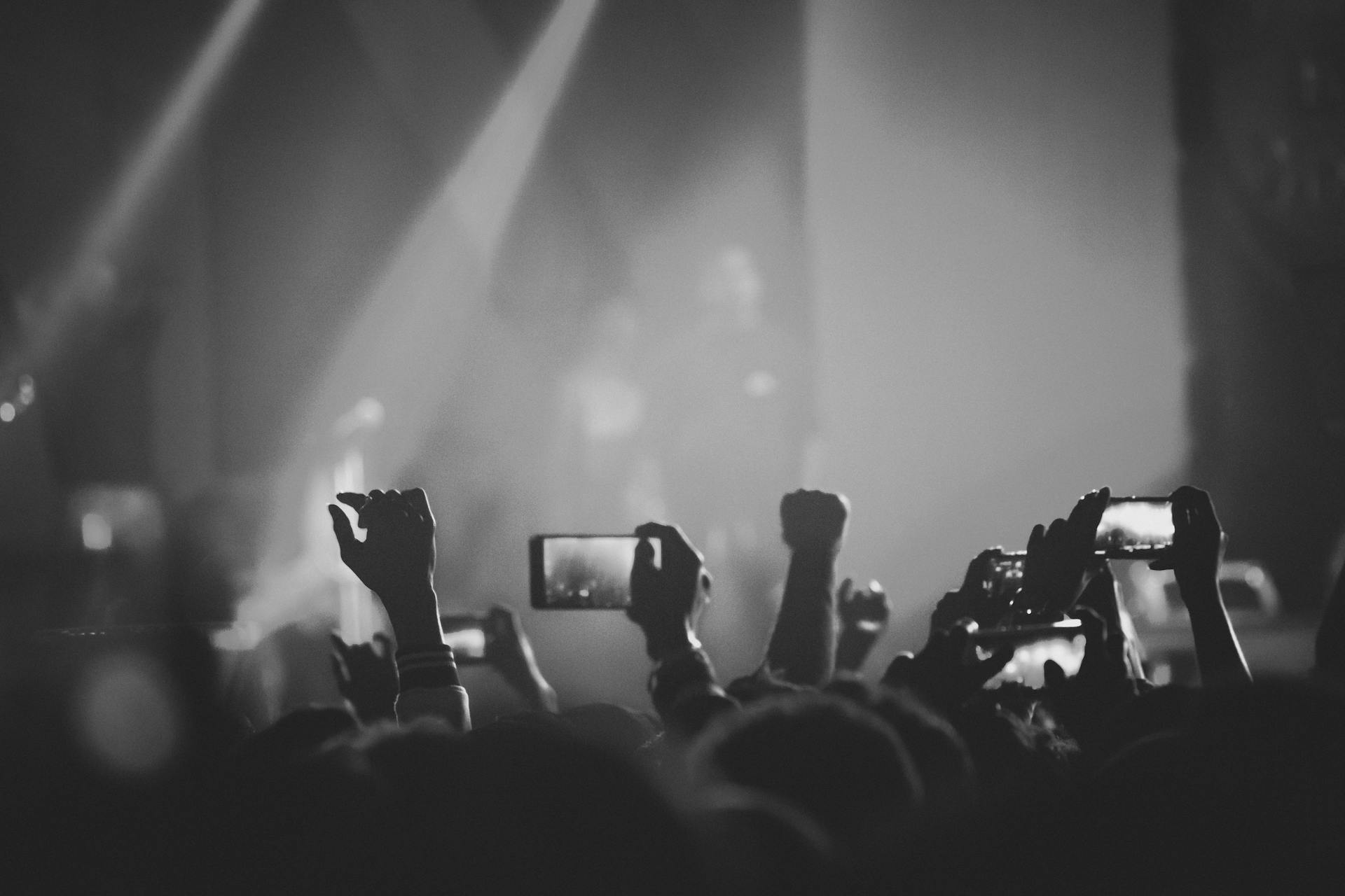 Black and white photo of a lively concert audience with raised hands and phones capturing the stage.