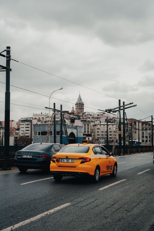 Free A rainy day in Istanbul with city traffic and Galata Tower view. Stock Photo