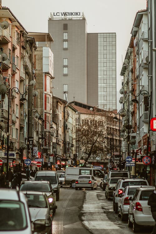 A Busy City Street in Downtown 