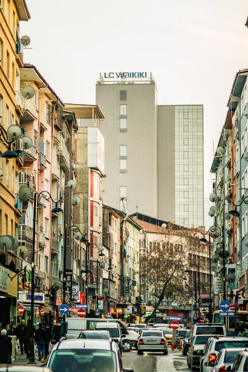 A Busy City Street in Downtown 