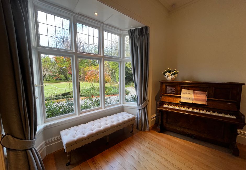 Garden viewed from a luxury home through large windows