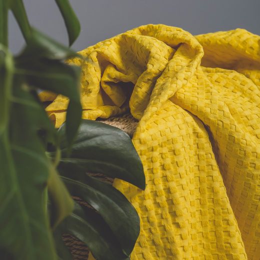 Textured yellow waffle blanket beside a houseplant — Dmitriy Steinke on Pexels