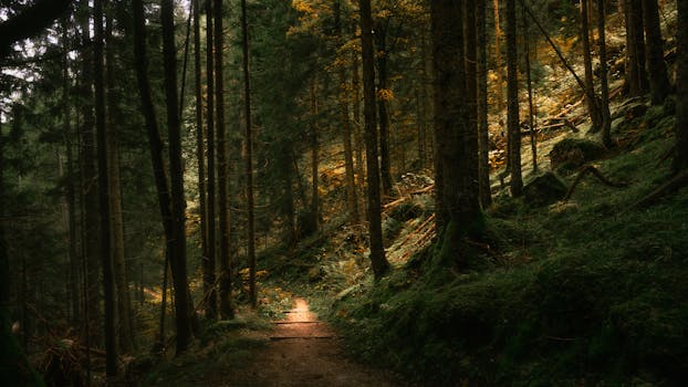 A tranquil forest path illuminated by soft daylight through towering trees.