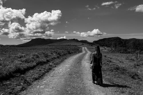 Foto d'estoc gratuïta de blanc i negre, camí de carro, caminant