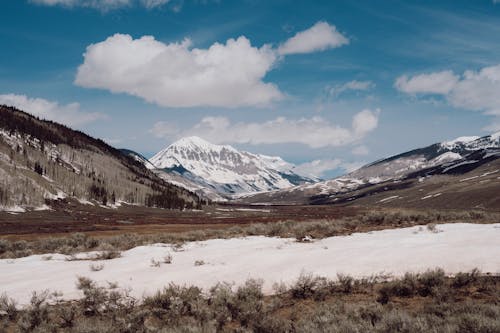 Landscape of Snowcapped Mountains from a Valley 