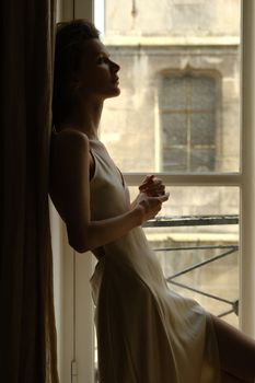A woman in a silk dress stands by a window, bathed in soft natural light.