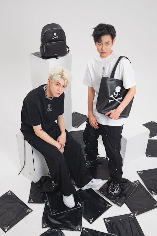 Men with Stylish Accessories Posing in White Studio