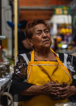 Portrait of a senior woman chef wearing a yellow apron in a restaurant kitchen, candid and authentic.