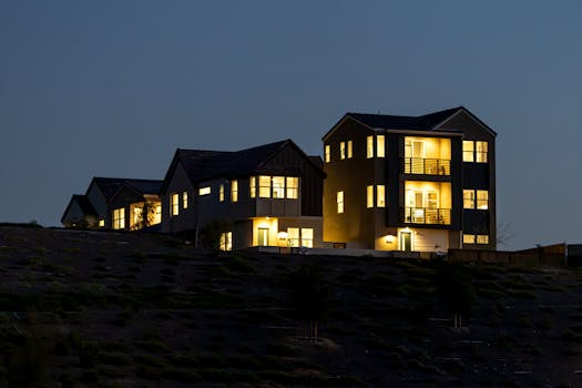 Brightly lit modern house on a hill at dusk, showcasing urban residential architecture.
