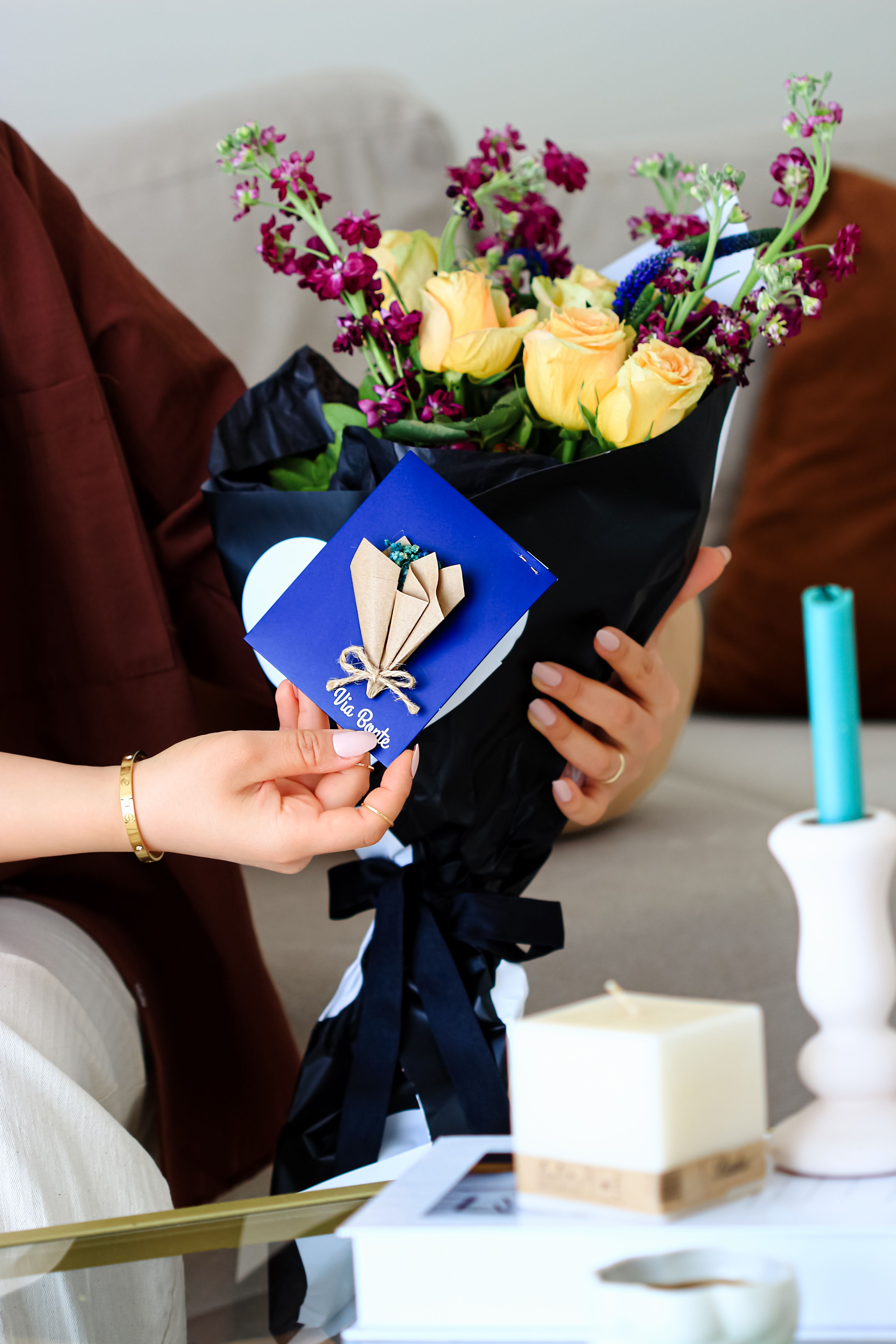 Mixed bouquet paired with a handwritten birthday card
