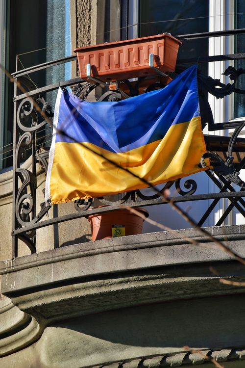 Ukraine Flag On Balcony Free Stock Photo ukraine-flag-on-balcony-free-stock-photo