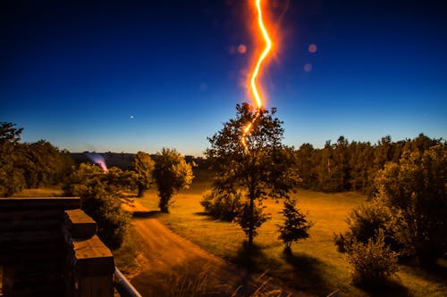 Blitz Schlägt Baum Vor Haus Während Der Nacht