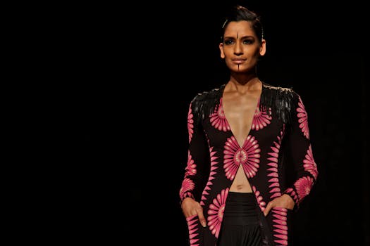 时装秀上，一位身穿花卉服装的模特展示了一幅引人注目的肖像