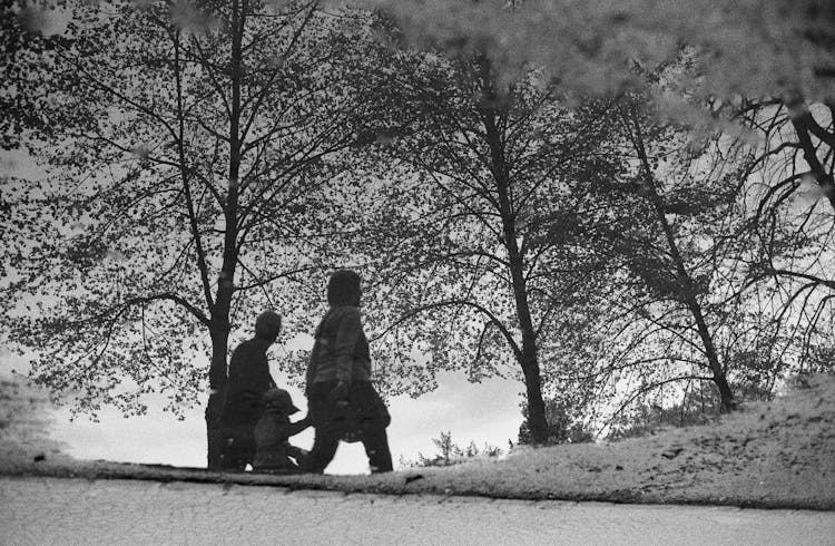 Low Angle Shot Black And White Photograph Of A Family Walking In A Winter Park