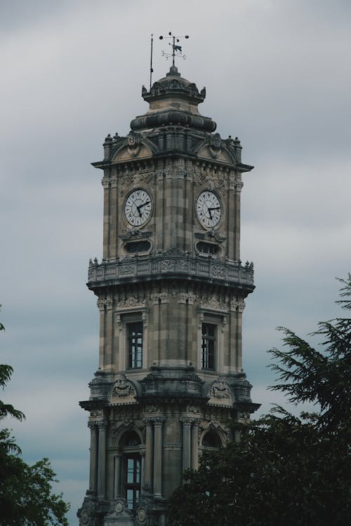 Close-up of the Dolmabahce Clock Tower in Istanbul, Turkey