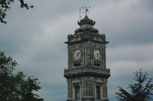 Close-up of the Dolmabahce Clock Tower in Istanbul, Turkey