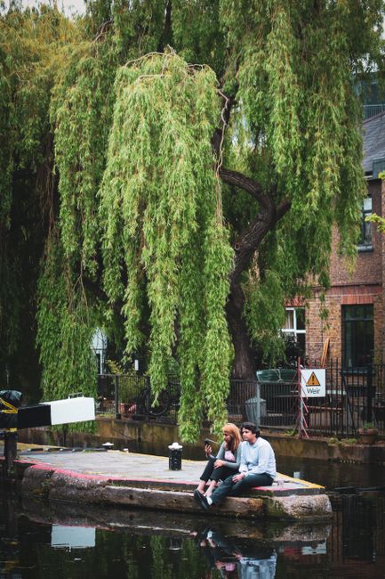 A serene scene of a couple relaxing by a canal under a willow tree in London.