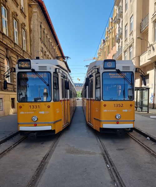 Free Two yellow trams in Budapest, Hungary, captured in a vibrant street view. Stock Photo