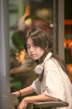 Portrait of a young girl with headphones, sitting in a modern indoor space.