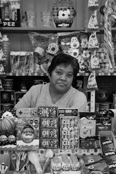 Monochrome photo of a woman in a toy shop surrounded by various colorful toys.