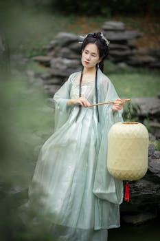 A woman in traditional attire holding a lantern in a serene garden setting.