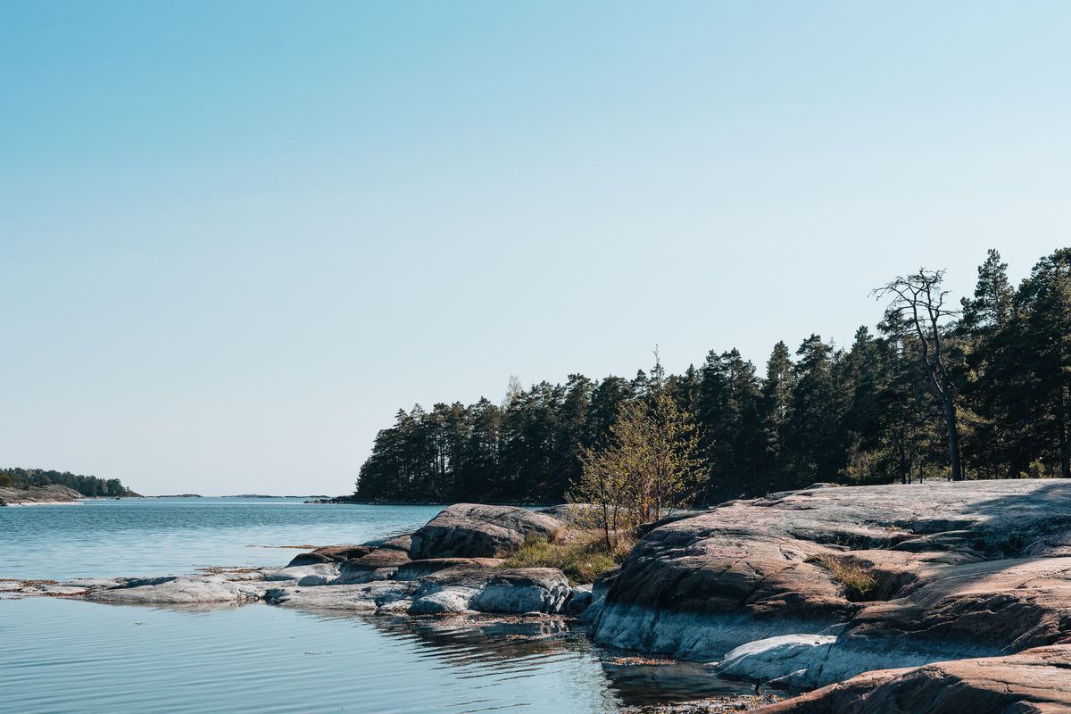 Glaciated pink granite shelves slope into a calm lake backed by dense conifer forest