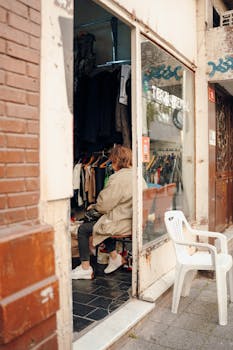 A person browsing clothes inside a vintage urban shop, viewed from a city street.