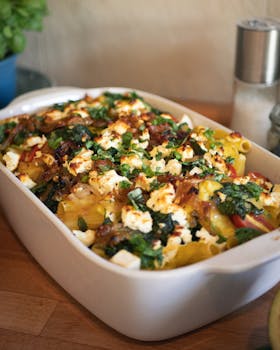 Mouthwatering baked rigatoni pasta with spinach, feta cheese, and fresh herbs in a white casserole dish.